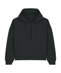 A black hoodie sweatshirt with long sleeves, a front pocket, and hood drawstrings is shown on a white background.