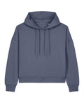 A blue-grey Hoodies long-sleeved hoodie with a front pocket, drawstrings, and ribbed hem and cuffs is laid flat on a white background.