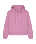 A light pink Hoodies sweatshirt with a hood, front pocket, long sleeves, ribbed cuffs, and drawstrings is displayed against a white background.