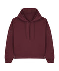 A maroon hoodie sweatshirt with long sleeves, a drawstring hood, and a front pocket, shown against a white background.