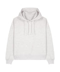 A hoodie sweatshirt in light grey with a hood, front pocket, long sleeves, ribbed cuffs, and hem is laid flat on a white background.