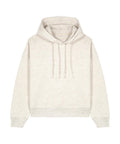 A light beige hoodie with long sleeves, front pocket, drawstring hood, and ribbed cuffs and hem is laid flat on a white background.