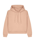 The Hoodies product is a light pink sweatshirt with long sleeves, an adjustable drawstring hood, and ribbed cuffs and hem, displayed flat on a white background.