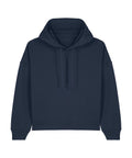 A plain, dark navy blue hoodie sweatshirt with long sleeves, drawstrings, and no visible logos or designs is displayed against a white background.