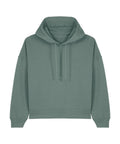The Hoodies product in sage green features a front pocket, long sleeves, ribbed cuffs and hem, and an adjustable drawstring hood, shown laid flat on a white background.