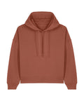 A front view of a plain, long-sleeved brick red "Hoodies" sweatshirt featuring a drawstring hood, with no visible logos or patterns.