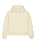 A cream-coloured hooded sweatshirt with long sleeves, drawstring hood, and ribbed cuffs and hem is laid flat on a white background.