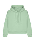 A light green hoodie sweatshirt with long sleeves, a front pocket, and hood drawstrings is displayed flat on a white background.