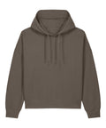 The Hoodies product is shown against a white background, featuring a plain brown colour, hood with drawstrings, long sleeves, and a front pocket.