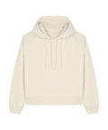 A light beige hoodie sweatshirt with long sleeves, drawstrings, and a front pocket is displayed flat on a white background.