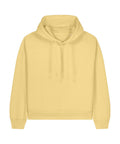 The Hoodies is a plain, light yellow hooded sweatshirt featuring long sleeves, a front pouch pocket, and hood drawstrings, displayed on a white background.