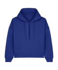 A royal blue hoodie sweatshirt with long sleeves, front pocket, and drawstring hood is displayed on a white background.