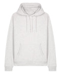 A light grey hooded sweatshirt with a hood, drawstrings, long sleeves, and a front kangaroo pocket is displayed against a white background.