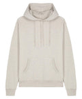 A light grey hooded sweatshirt with a hood, front pocket, long sleeves, and drawstrings is laid flat on a white background.