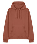 A rust-coloured hoodie sweatshirt with a hood, drawstrings, and front kangaroo pocket is shown on a white background.