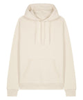 Hoodies: An off-white, plain hoodie featuring a front pocket, drawstring hood, and long sleeves, displayed flat on a white background.
