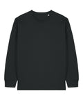 A plain black long-sleeve crew neck T-shirt is laid flat on a white background. The T-shirt features a simple, logo-free design with symmetrical sleeves and body, and no visible patterns or embellishments.