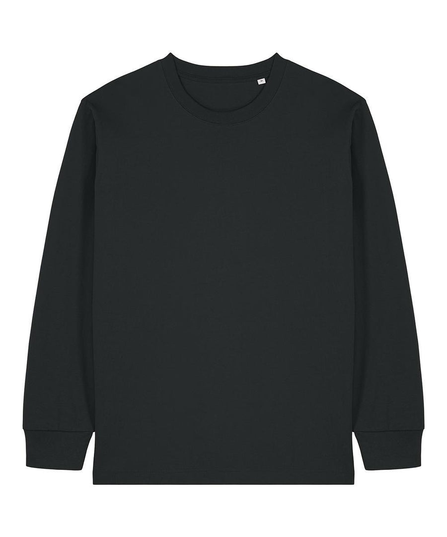 A plain black long-sleeve crew neck T-shirt is laid flat on a white background. The T-shirt features a simple, logo-free design with symmetrical sleeves and body, and no visible patterns or embellishments.