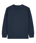 A solid dark navy blue, long-sleeve crew neck T-shirts laid flat on a white background with visible sleeves and body.