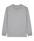 A plain, long-sleeved heather grey crew neck T-shirt with ribbed cuffs is laid flat on a white background. The T-shirt features no visible logos, patterns, or graphics.