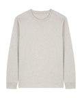 A plain, light grey long-sleeve crew neck T-shirt is laid flat on a white background. The shirt is free of logos, patterns, or designs.