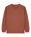 A rust orange, long-sleeve T-shirt top is displayed laid flat on a white background.