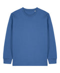 A solid blue, long-sleeved crew neck T-shirt with ribbed cuffs made from smooth fabric, laid flat on a white background.