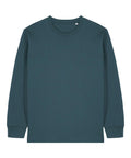 A plain, long-sleeved teal T-shirt crew neck is laid flat on a white background, featuring no visible logos, patterns, or graphics.