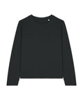 A plain black long-sleeve crew neck T-shirt is laid flat on a white background, featuring a minimalist design with no logos, patterns, or embellishments.