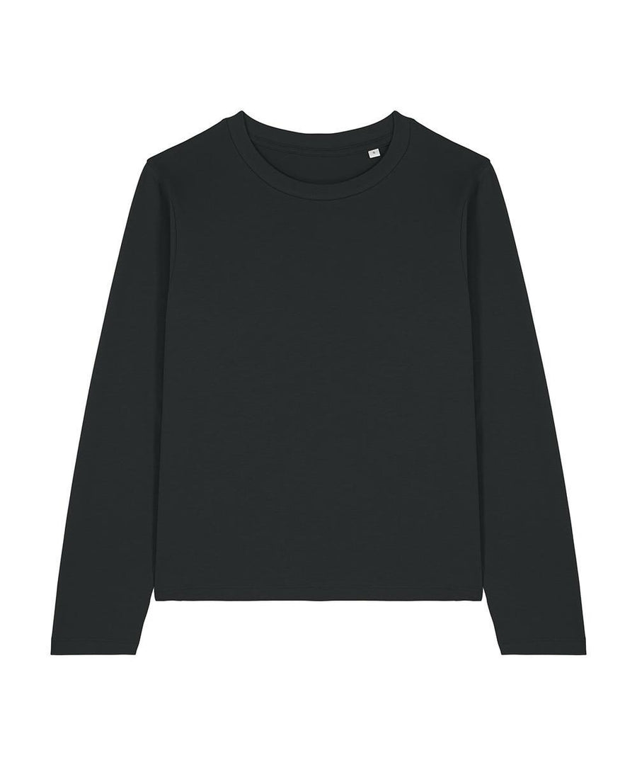 A plain black long-sleeve crew neck T-shirt is laid flat on a white background, featuring a minimalist design with no logos, patterns, or embellishments.