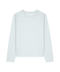 A plain, long-sleeved, light blue crew neck T-shirt is laid flat on a white background, featuring no visible logos, patterns, or designs.