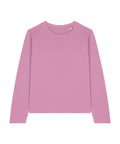 A solid light pink, long-sleeved crew neck T-shirt item is shown laid flat on a white background.