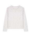 A plain light grey long-sleeve crew neck T-shirt is laid flat on a white background, featuring a simple design with no visible logos, patterns, or embellishments.