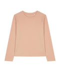 A plain, long-sleeved light peach T-shirt top with a crew neckline lies flat on a white background, featuring no patterns, logos, or embellishments.