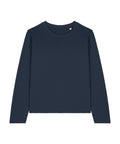 A dark blue, long-sleeved crew neck T-shirt is laid flat on a white background.