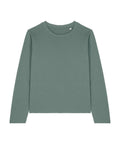 A muted green, long-sleeved T-shirt with a crew neckline is displayed flat on a white background. The T-shirt features a plain design with no visible patterns or embellishments.
