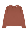 A plain, long-sleeved T-shirt top in muted reddish-brown is laid flat on a white background, featuring a crew neckline and a simple, unadorned design.