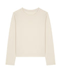 A plain, long-sleeved, crew neck T-shirt in light beige is laid flat on a white background, featuring no visible patterns, logos or embellishments.