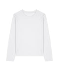A plain white T-shirt long-sleeved crew neck is laid flat on a white background, featuring no visible logos, patterns, or embellishments.