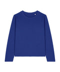 A solid royal blue, long-sleeve crew neck T-shirt is laid flat on a white background.