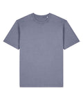 A dusty blue, solid colour T-shirt with short sleeves and a crew neck is laid flat on a white background.