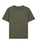 A plain olive green T-shirt product with short sleeves and a crew neckline is laid flat on a white background, featuring no visible logos or designs.