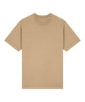 A beige, short-sleeved crew neck T-shirt is displayed flat on a white background.