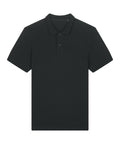 A polo shirt in plain black with short sleeves, a collar, and two buttons on the placket is laid flat against a white background.