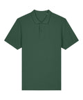 A plain dark green polo short-sleeve shirt with a collar and two-button placket is laid flat on a white background, featuring no visible logos or patterns.