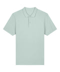The polo shirt is plain, short-sleeved, and light mint green with a collar and two-button placket. There is no visible branding or patterns, and it is displayed flat on a white background.