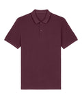 A maroon polo shirt with short sleeves, a collar, and a two-button placket is displayed flat on a white background.