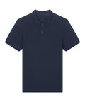 A navy blue short-sleeved polo shirt with a collar and two-button placket is laid flat on a white background. The shirt is plain, with no visible logos, patterns, or embellishments.
