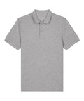 A light grey short-sleeve polo shirt with a collar and two buttons is laid flat on a white background.