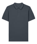 A Polos short-sleeved, dark grey polo shirt with a collar and two-button placket is shown laid flat on a white background.